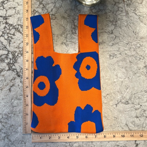 Mini Knitted Wristlet Bag - Foldable Tote - Orange and Blue Floral - Picture 2 of 9